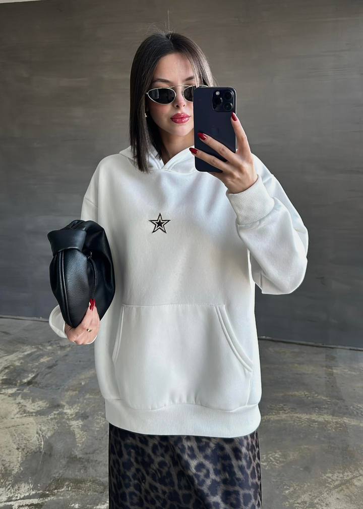 Yıldız Desenli Kapüşonlu Sweatshirt EKRU