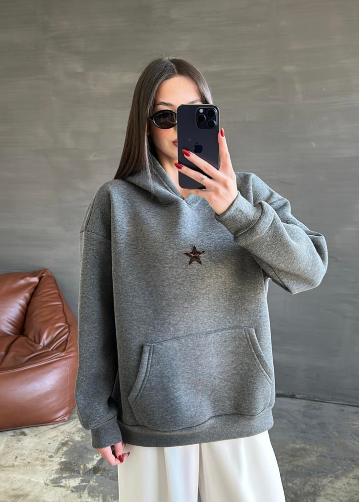 Yıldız Desenli Kapüşonlu Sweatshirt FÜME