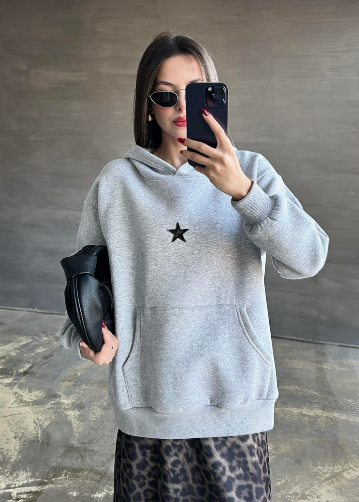 Yıldız Desenli Kapüşonlu Sweatshirt GRİ