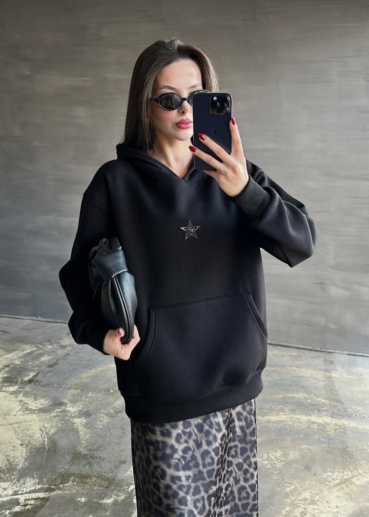 Yıldız Desenli Kapüşonlu Sweatshirt SİYAH