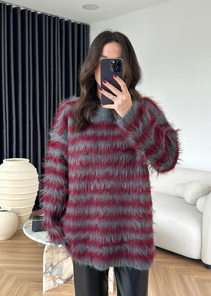 Zebra Desen Tüylü Kazak BORDO