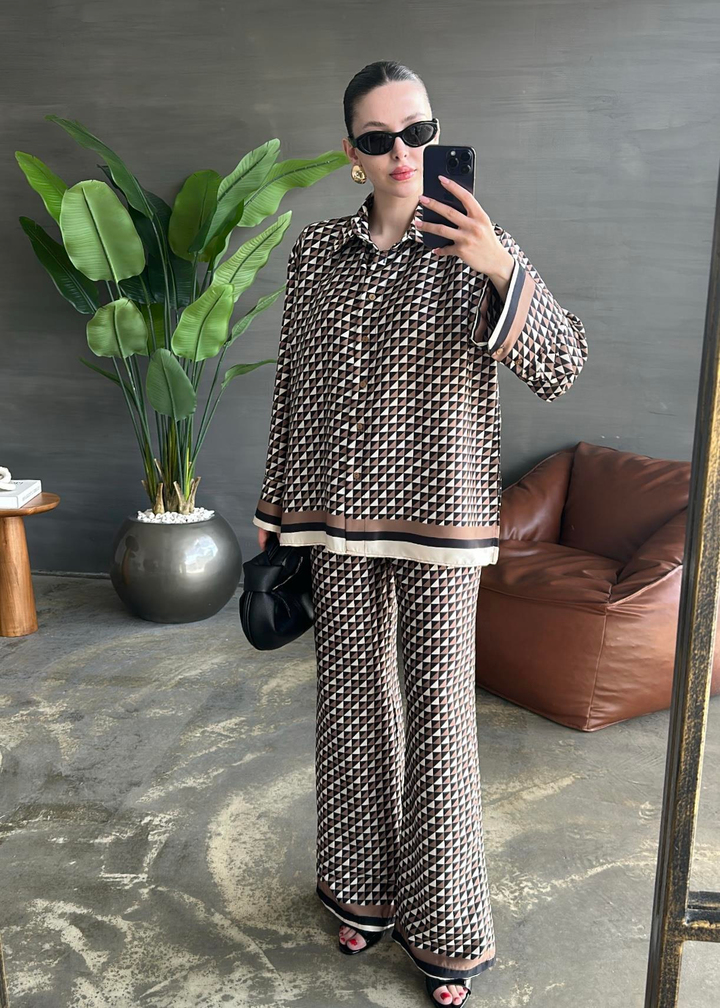 Zigzag Desenli Saten Takım KAHVE
