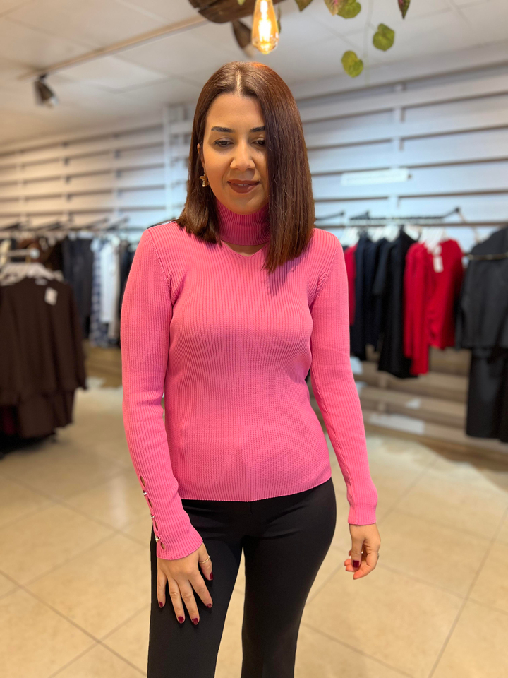 Balıkçı Yaka Fitilli Açma bluz Pembe