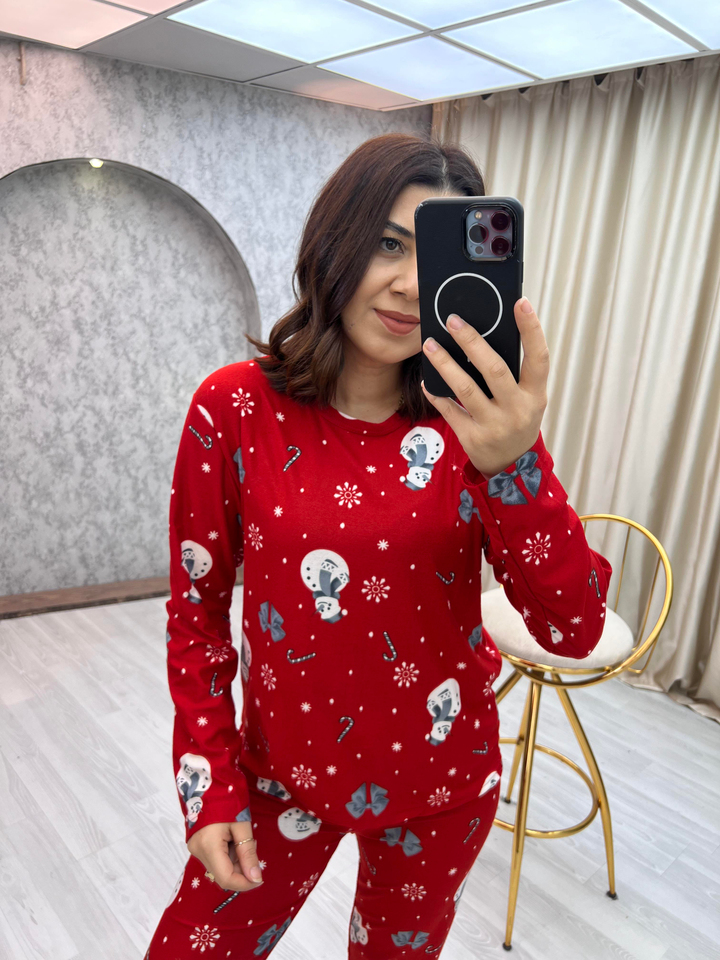 Bisiklet Yaka Kardan Adamlı Pijama Takımı Kırmızı