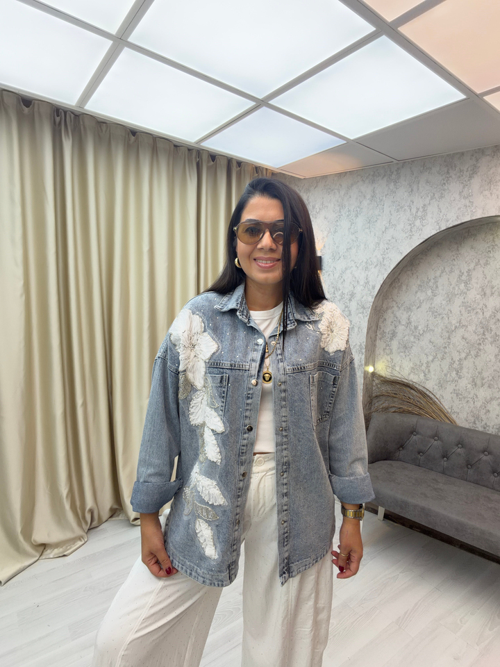 Çiçek İşlemeli Denim Ceket Açık Mavi