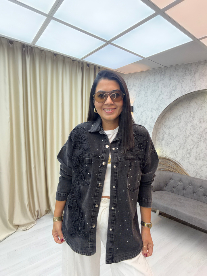 Çiçek İşlemeli Denim Ceket Antrasit