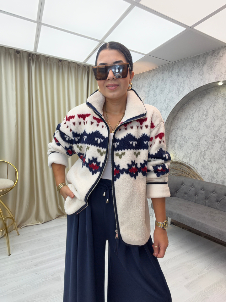 Desenli Peluş Sweat Ekru