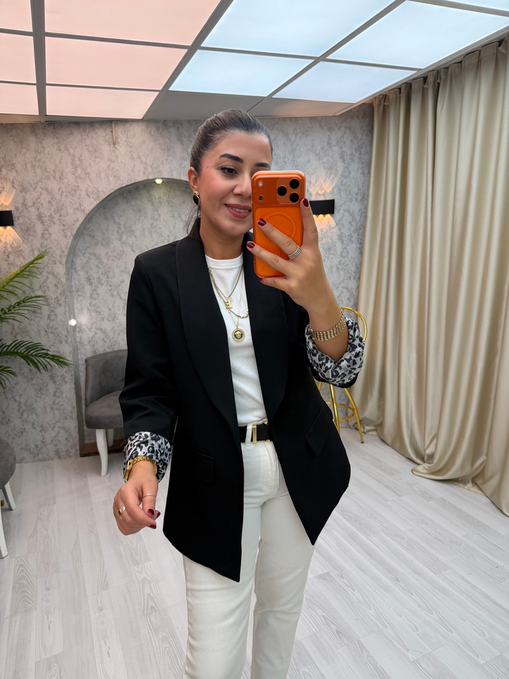 İçi Leopar Desen Blazer Ceket Siyah