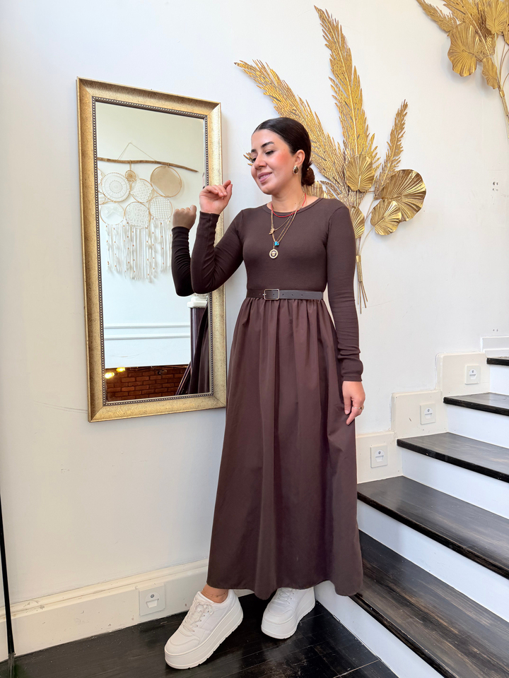 Kaşkorşe Uzun Kol Kemerli Elbise Kahverengi