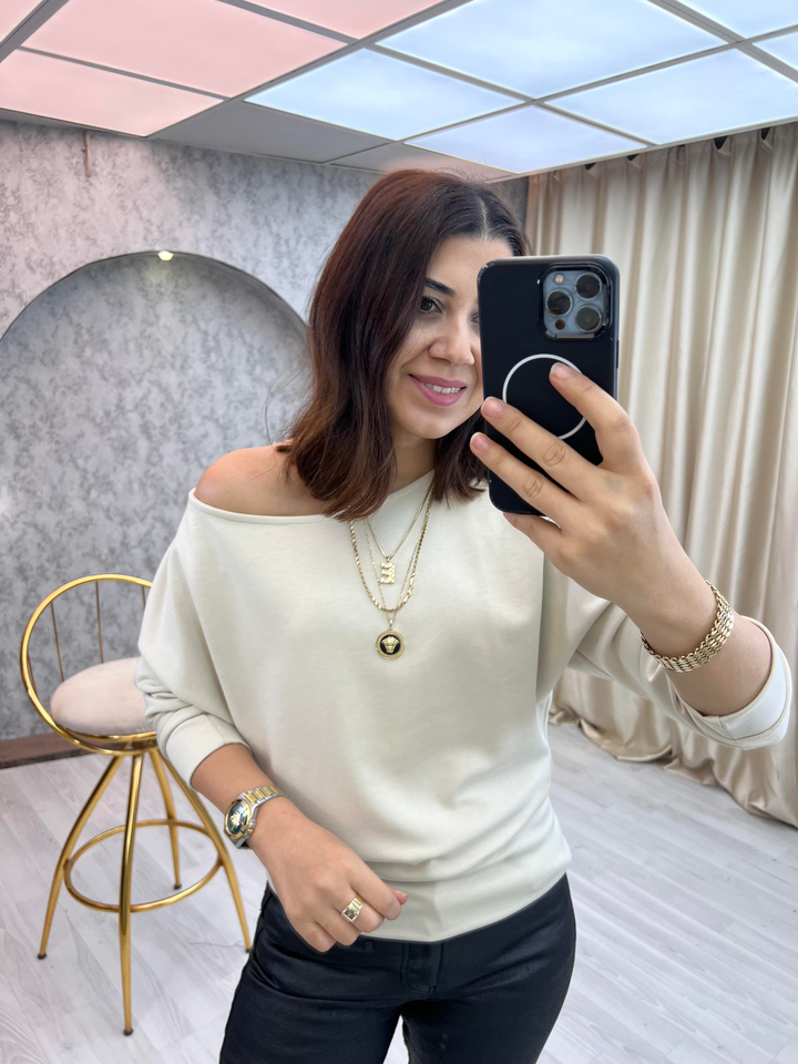 Kayık Yaka Yarasa Bluz Taş