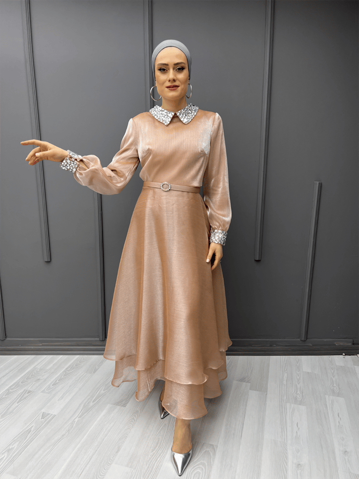 Kolu Yakası Taşlı Tül Elbise Somon