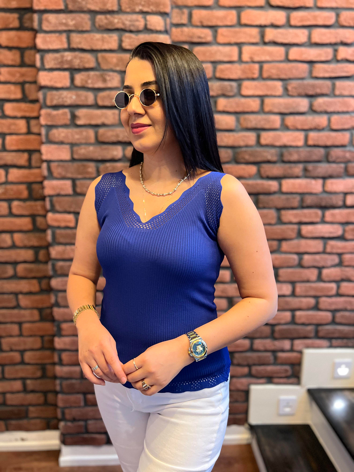 Merdiven Yaka Güpürlü Bluz Saks