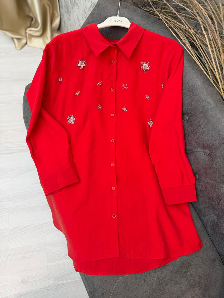 Minik Taş Detaylı Gömlek Kırmızı