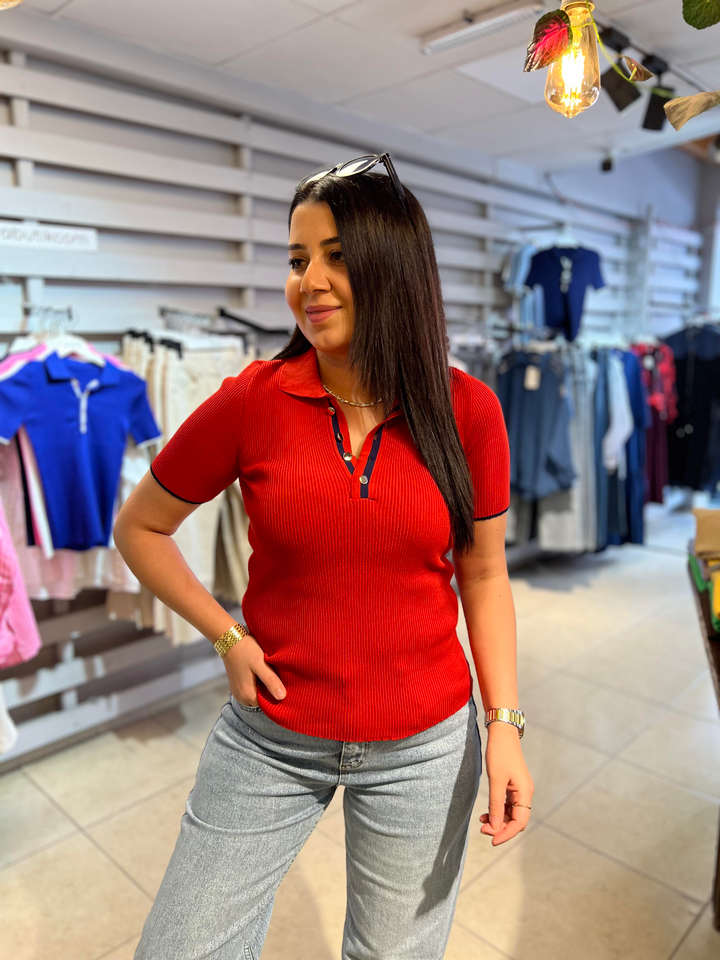 Polo Yaka Düğmeli Triko Bluz Kırmızı