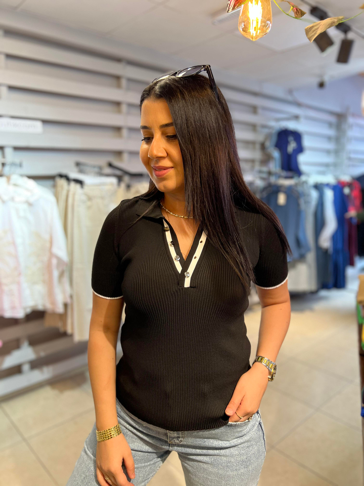 Polo Yaka Düğmeli Triko Bluz Siyah