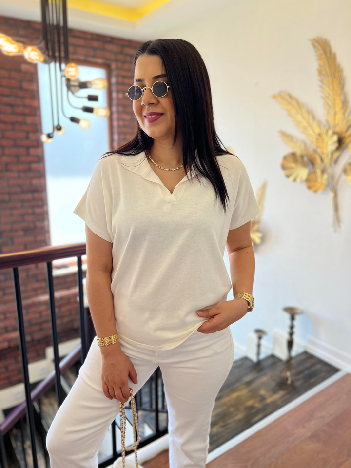 Polo Yaka Kısa Kollu Triko Bluz Ekru