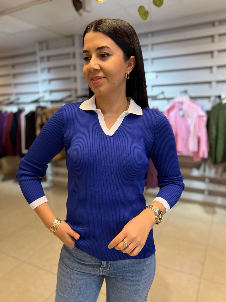 Polo Yaka Renkli Triko Bluz Saks