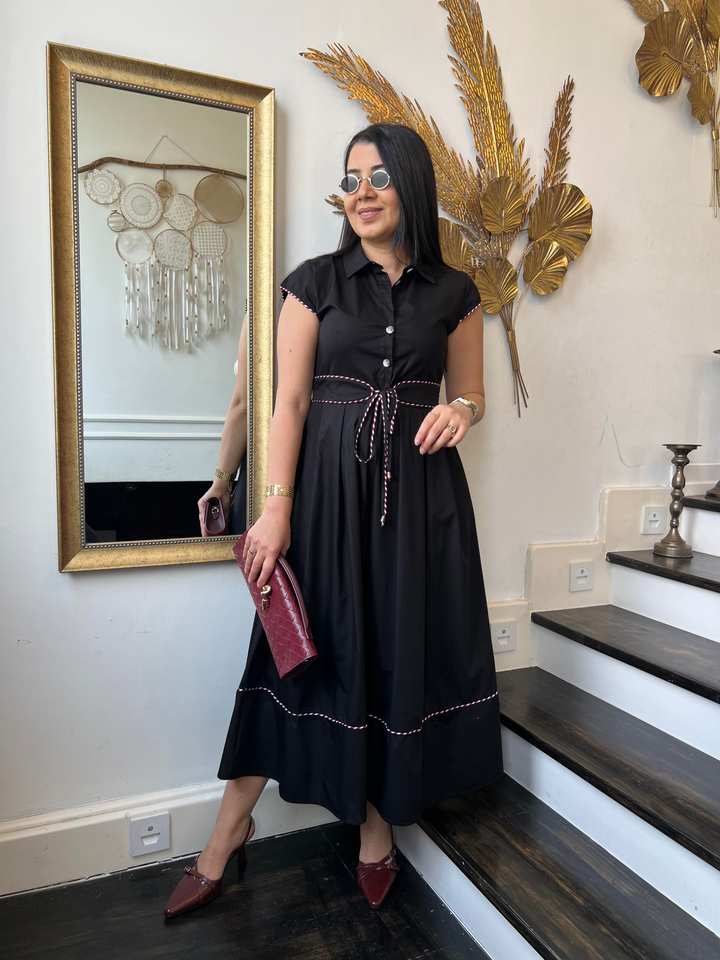 Premium Biyeli Poplin Elbise Siyah