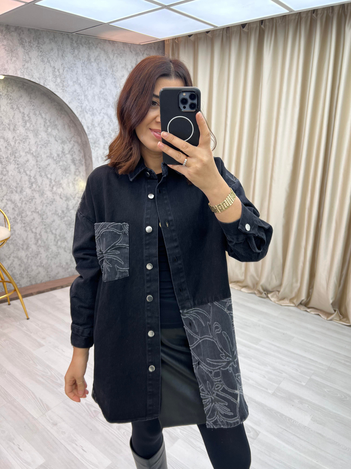 Premium Parçalı Transparan Taşlı Jean Ceket Antrasit