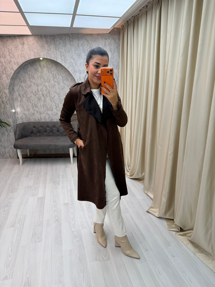 Süet Trençkot Kahverengi