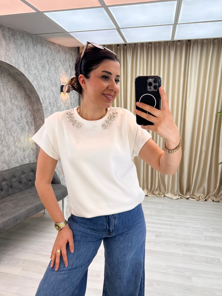 Taşlı Vatkalı Modal Bluz Beyaz