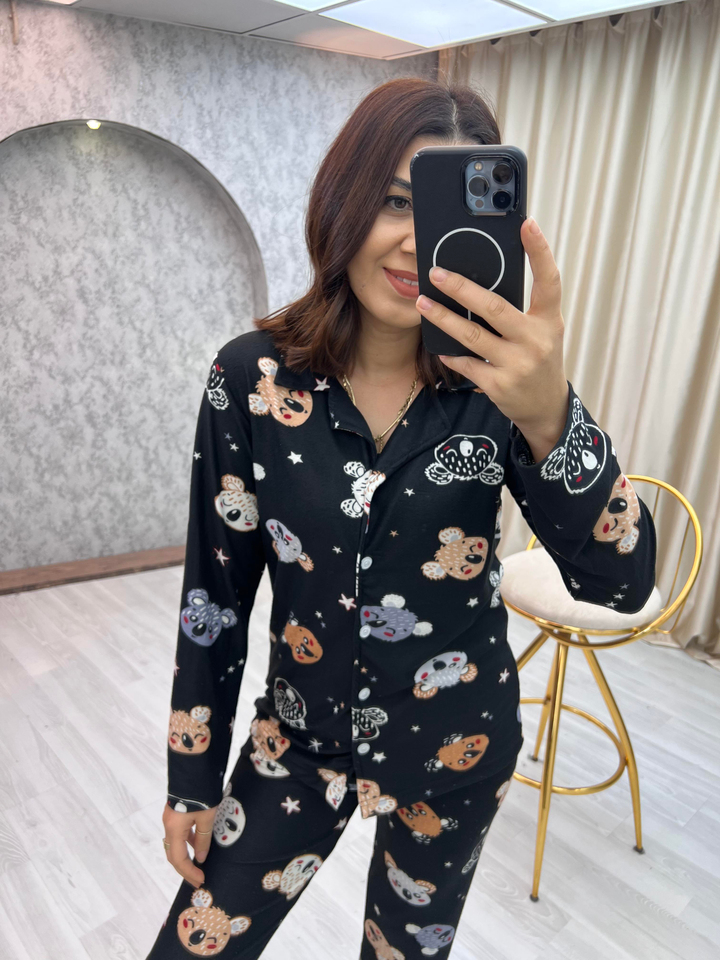 Yakalı Koala Pijama Takımı Siyah