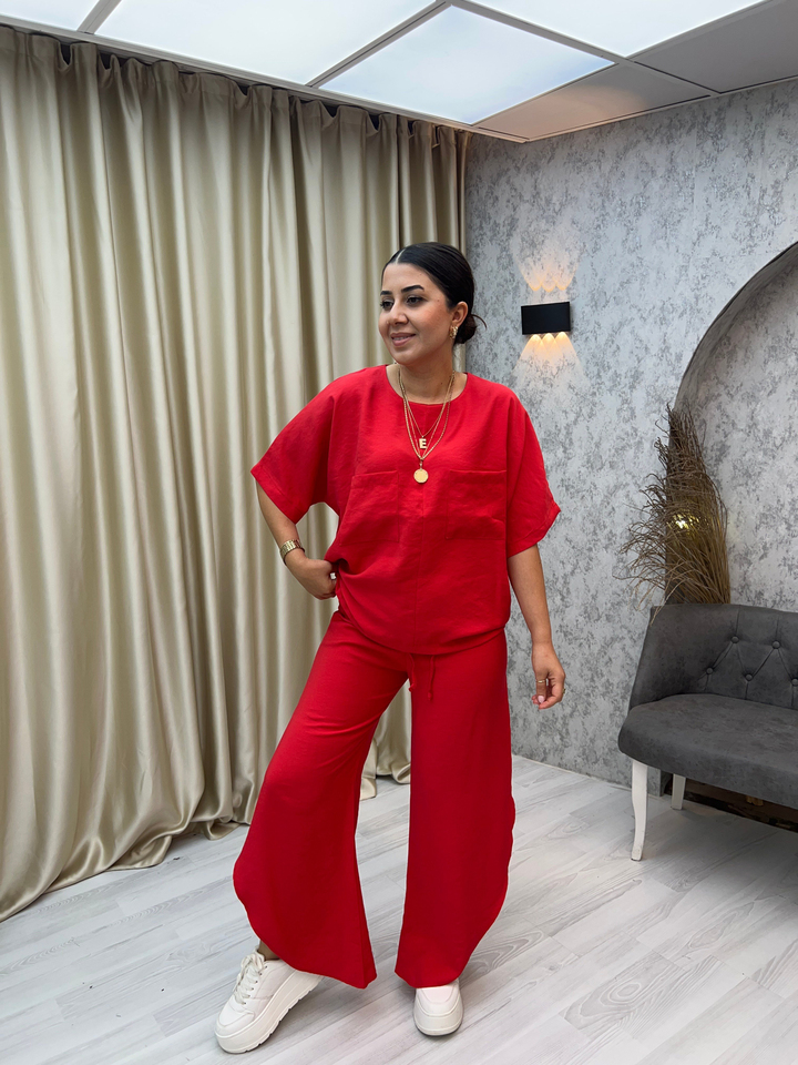 Zr Yırtmaçlı Pantolon Bluz Takım Kırmızı
