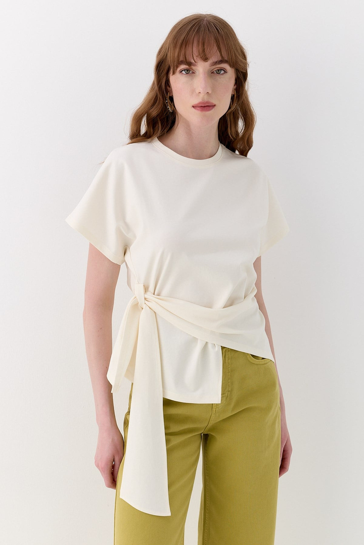 Bağlamalı Oversize İnterlok Bluz Ekru