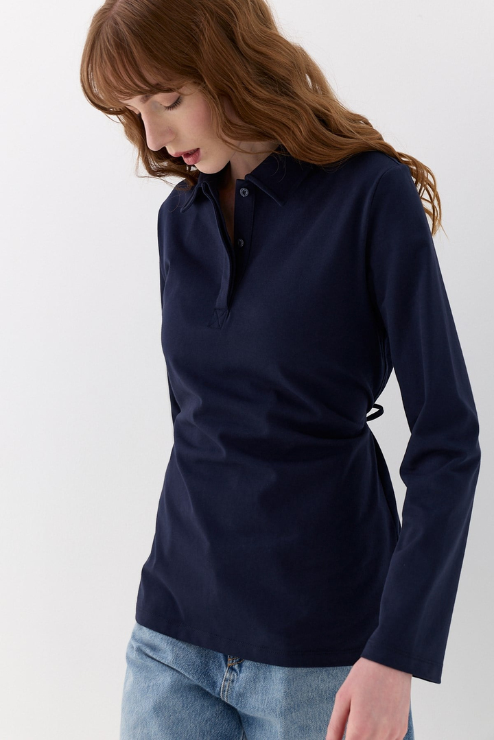 Belden Bağlama Detaylı Polo Yaka Sweatshirt Lacivert