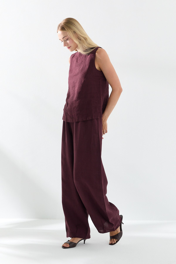 Beli Lastikli Keten Pantolon Bordo