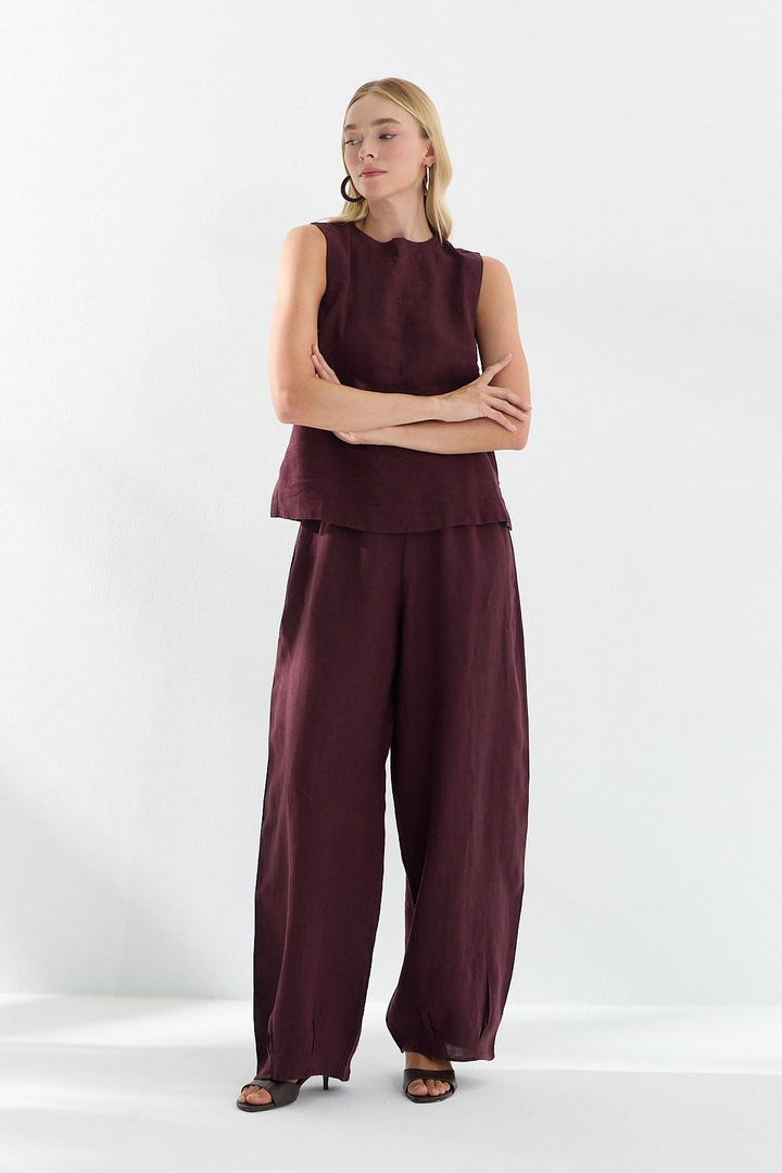 Beli Lastikli Keten Pantolon Bordo