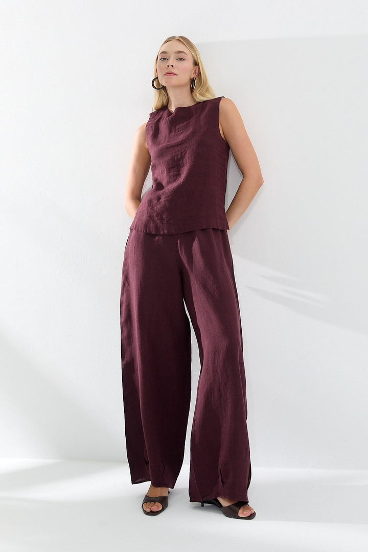 Beli Lastikli Keten Pantolon Bordo