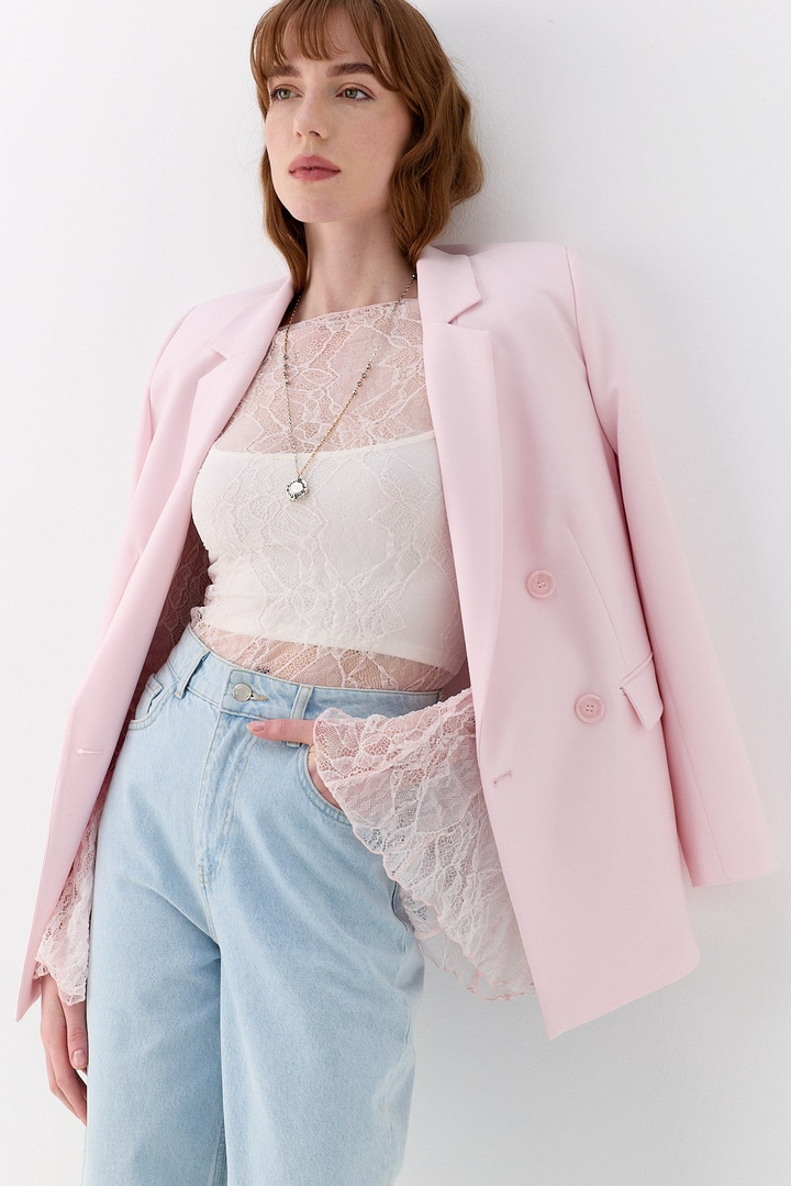 Dantel Asimetrik Romantik Kol Bluz Pembe