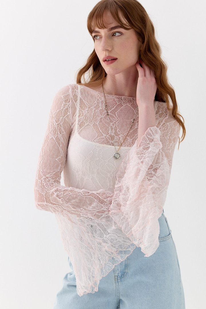 Dantel Asimetrik Romantik Kol Bluz Pembe