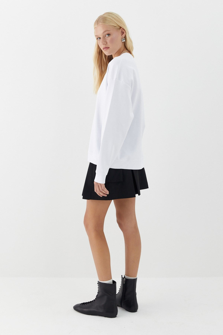 Düz Basic Bisiklet Yaka Sweatshirt Beyaz