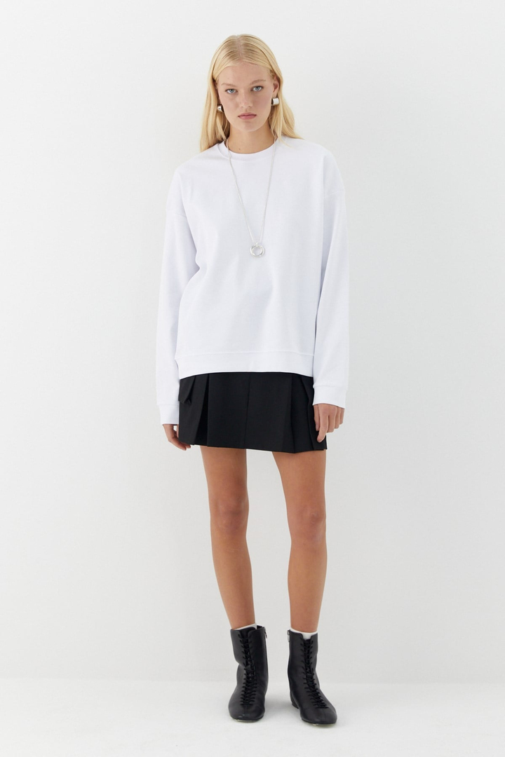 Düz Basic Bisiklet Yaka Sweatshirt Beyaz