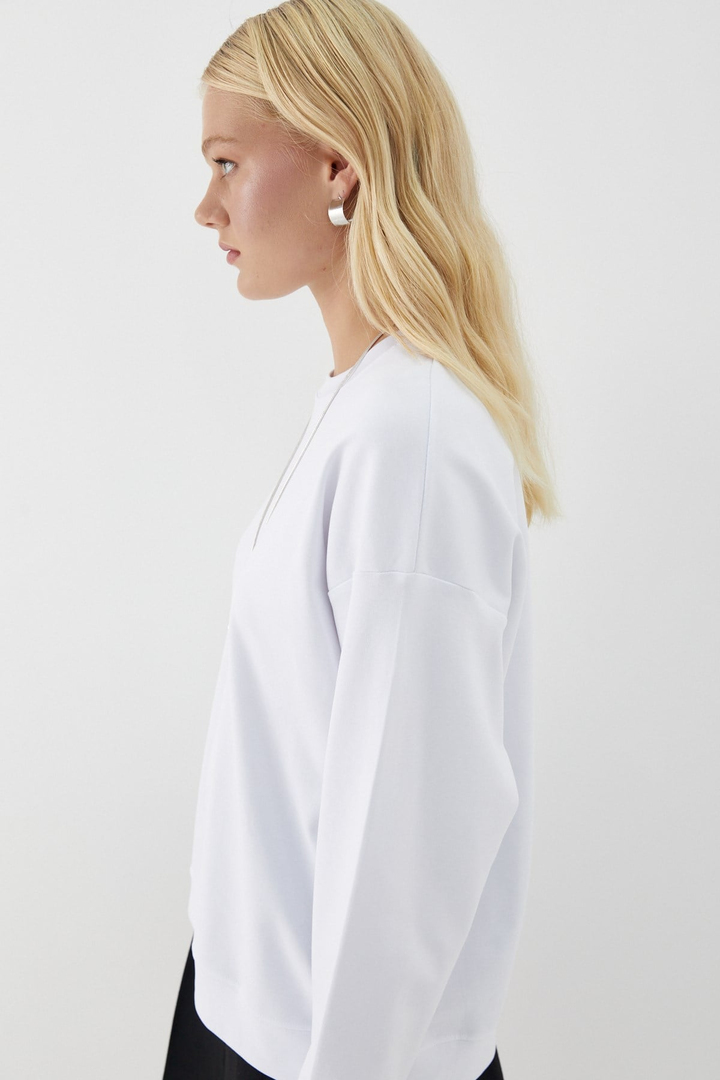 Düz Basic Bisiklet Yaka Sweatshirt Beyaz