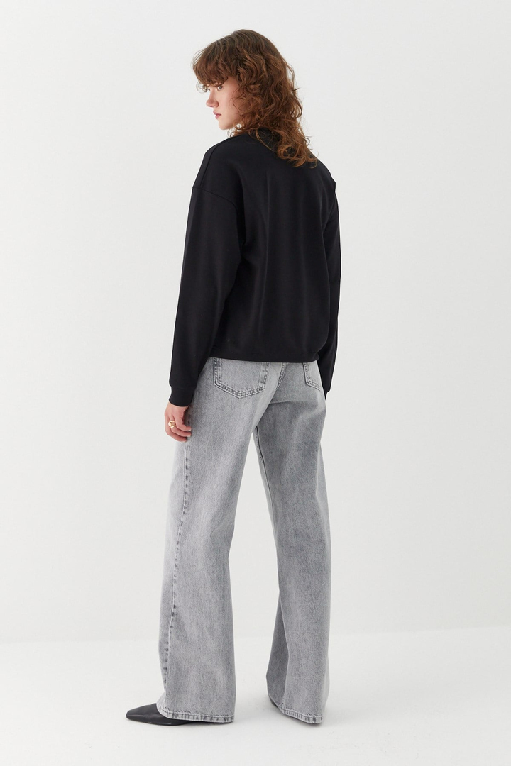 Düz Basic Bisiklet Yaka Sweatshirt Siyah
