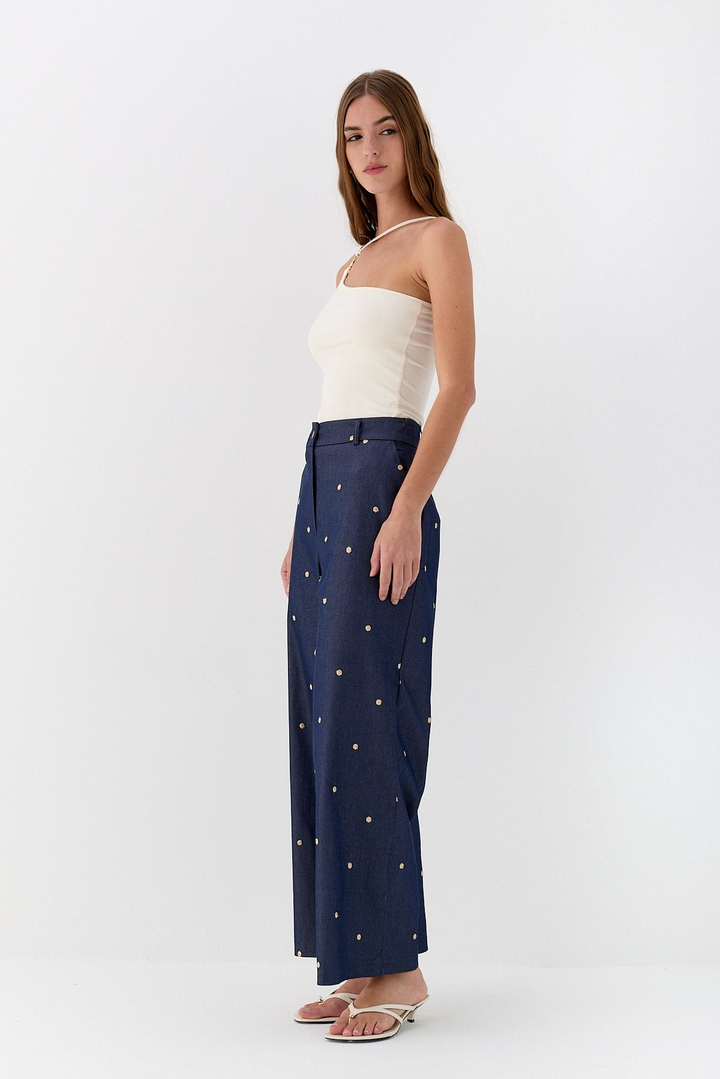 İşlemeli Denim Görünümlü Pantolon Lacivert