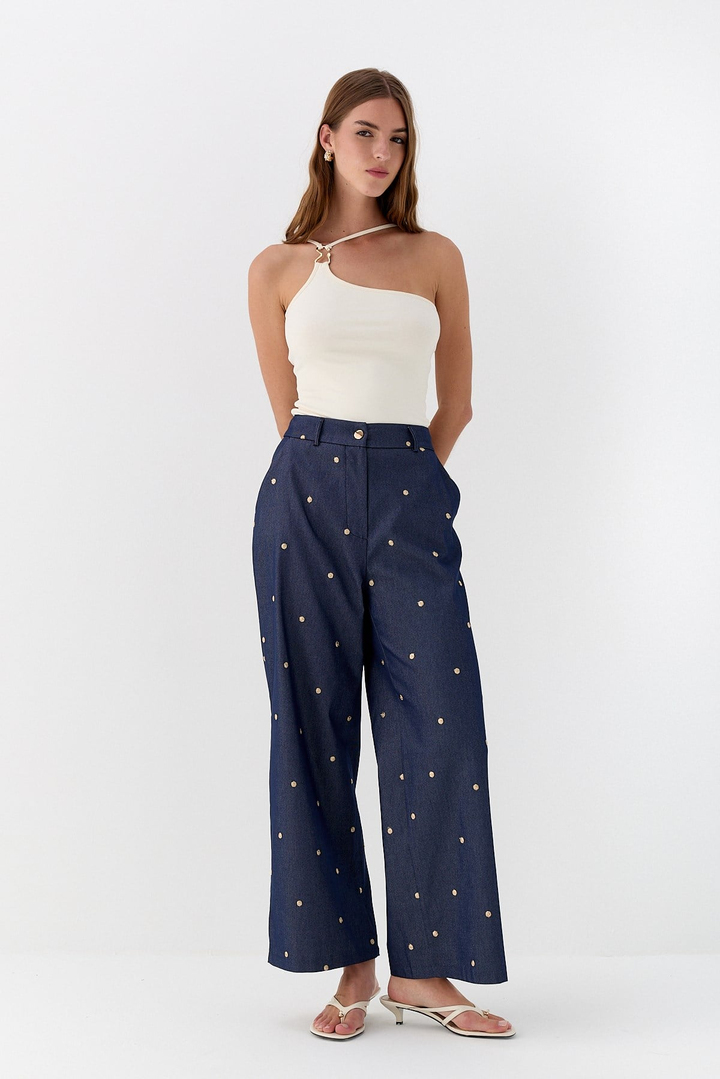 İşlemeli Denim Görünümlü Pantolon Lacivert