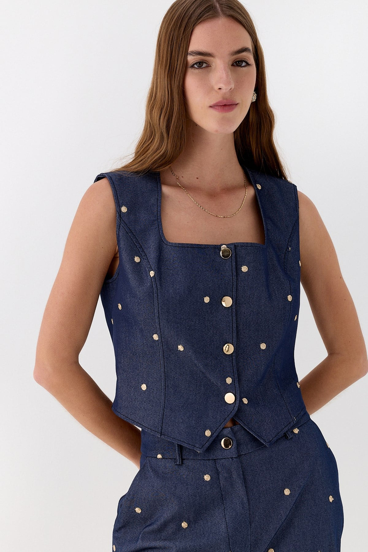İşlemeli Denim Görünümlü Yelek Lacivert