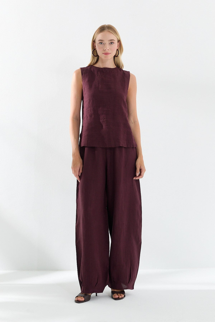 Kolsuz Keten Bluz Bordo