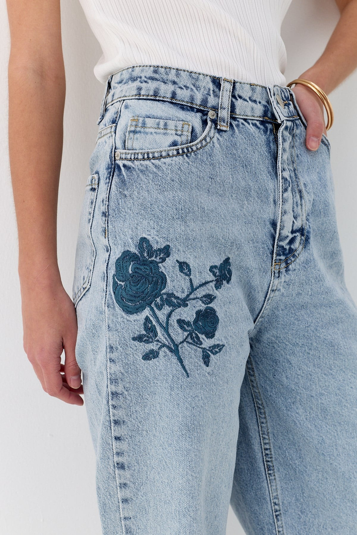 Nakışlı Denim Pantolon Mavi