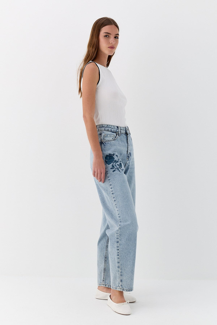 Nakışlı Denim Pantolon Mavi
