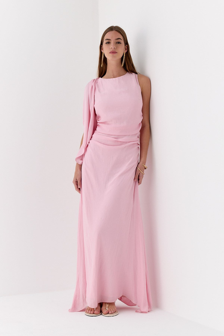 Şal Detaylı Elbise Pembe