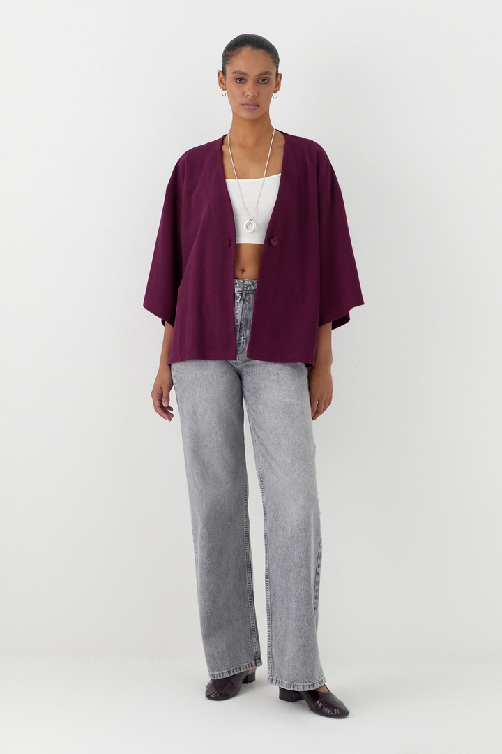 Triko Görünümlü Örme Kimono Bordo