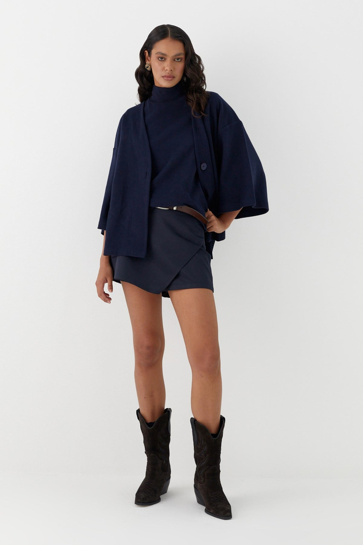 Triko Görünümlü Örme Kimono Lacivert