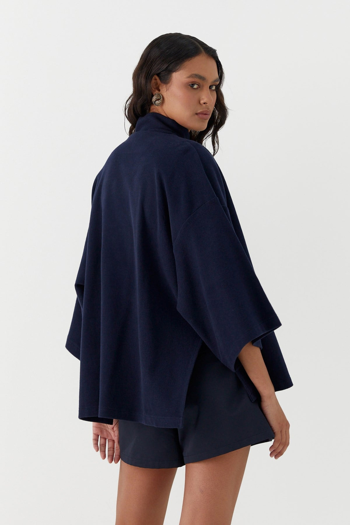 Triko Görünümlü Örme Kimono Lacivert