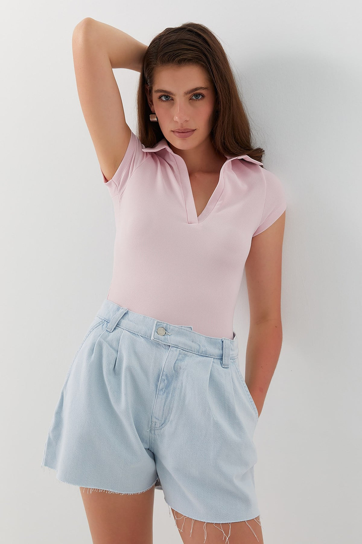 V Yaka Polo Form Basic Bluz Pembe