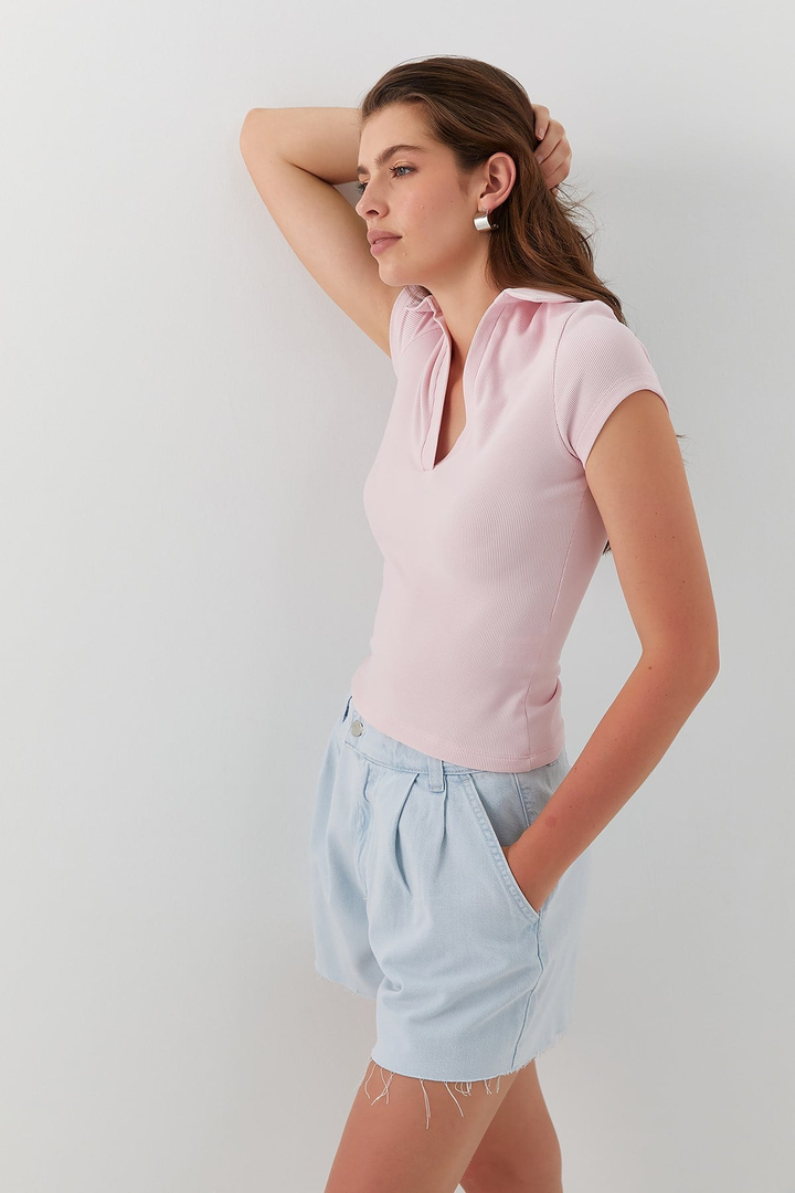 V Yaka Polo Form Basic Bluz Pembe